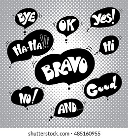 Hand drawn catchwords on the background of pop art. Hand lettering for mobile phones, for print (t-shirt, decor, poster, card) and for web (banner, blog). Vector image.