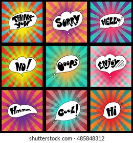 Hand drawn catchwords on the background of pop art. Hand lettering for mobile phones, for print (t-shirt, decor, poster, card) and for web (banner, blog). Vector set.