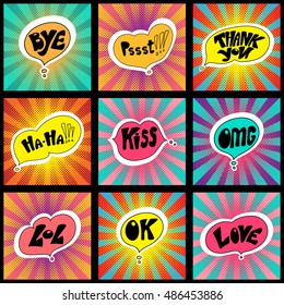 Hand drawn catchwords on the background of pop art. Hand lettering for mobile phones, for print (t-shirt, decor, poster, card) and for web (banner, blog). Vector set.