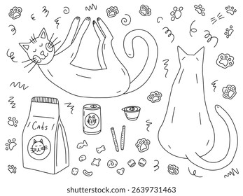Hand drawn cats and cat food vector set