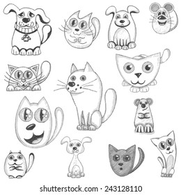 Hand drawn cats, dogs and mouse set, vector illustration