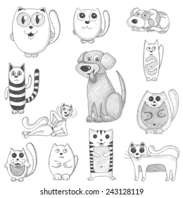 Hand drawn cats and dogs set, pencil drawing, vector illustration
