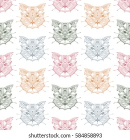 Hand drawn Cats heads Vector Seamless pattern. Ethnic animal. Tribal patterned Cat