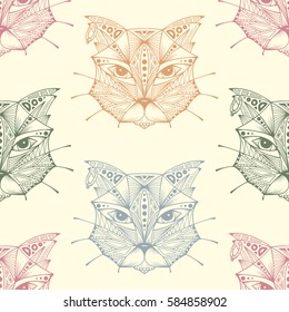 Hand drawn Cats heads Vector Seamless pattern. Ethnic animal. Tribal patterned Cat