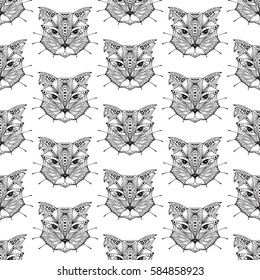 Hand drawn Cats heads Vector Seamless pattern. Ethnic animal. Tribal patterned Cat