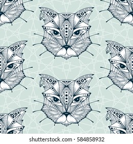 Hand drawn Cats heads Vector Seamless pattern. Ethnic animal. Tribal patterned Cat