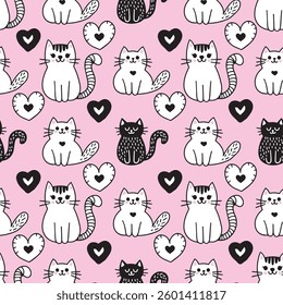 Hand drawn cats and hearts. Seamless vector pattern for fabric, background