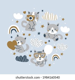 Hand drawn cats illustration in scandinavian style with stars, rainbows, clouds on blue backgr. Funny cartoon cats. Hand drawn children's illustration for fashion clothes, shirt, fabric for kids, boys