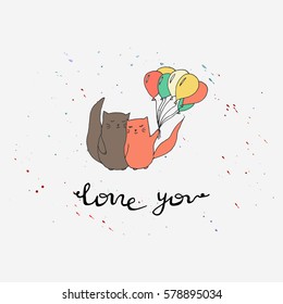 Hand drawn cats love collection. Colorful printable vector illustration with lettering. Cat with balloons.
