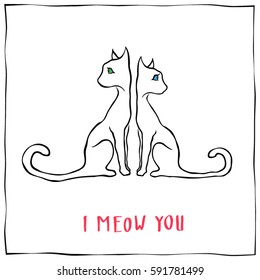 Hand drawn cats on white background. Hand drawn lettering. Vector illustration.