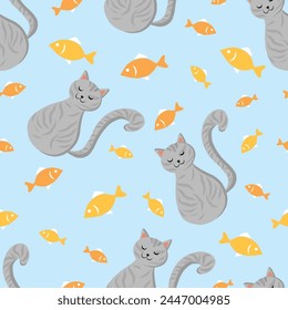 Hand Drawn Cats pattern with footprints. Cats and fish seamless pattern. hand drawn with footprint,  cats texture , cute animal on blue  background. Vector seamless pattern.