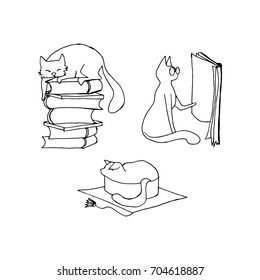 Hand drawn cats preparing for school, outline, black and white, reading, studying, puzzle, secret
