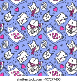 hand drawn cats seamless vector pattern. Doodle art.