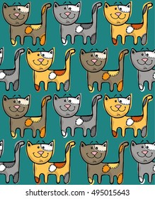 hand drawn cats seamless vector pattern. Doodle art. Vector illustration