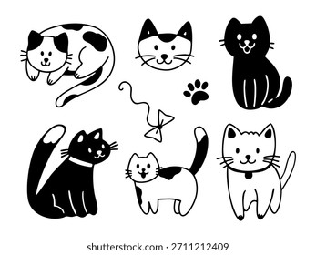 Hand drawn cats set in cute outline doodle style. Vector collection of pet character illustrations. 