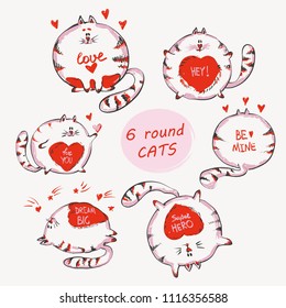 Hand drawn cats set with words. Cute doodle vector animals for prints , kid apparel, girlish fashion design print