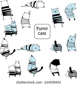 Hand drawn cats. Vector  illustration. Doodle art. Funny cats for card design. Black and blue.