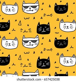 hand drawn cats vector pattern. Doodle art.