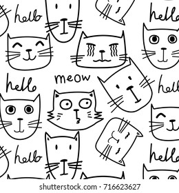 hand drawn cats vector pattern. Doodle art.