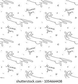 hand drawn cats, vector seamless pattern with cat and lettering