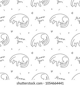 hand drawn cats, vector seamless pattern with cat and lettering