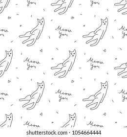 hand drawn cats, vector seamless pattern with cat and lettering