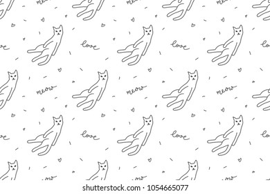 hand drawn cats, vector seamless pattern with cat and lettering