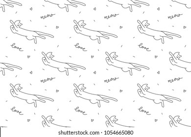 hand drawn cats, vector seamless pattern with cat and lettering