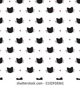 Hand Drawn Cats Vector Seamless Pattern. Doodle Cat Heads Endless Background for Trendy Fabric Textile Design or Web Wallpaper