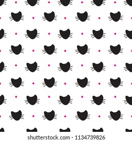 Hand Drawn Cats Vector Seamless Pattern. Doodle Cat Heads Endless Background for Trendy Fabric Textile Design or Web Wallpaper