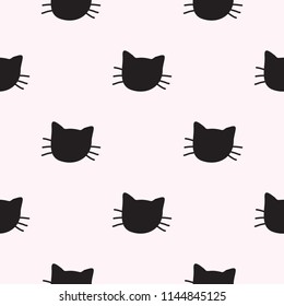 Hand Drawn Cats Vector Seamless Pattern. Doodle Cat Heads Endless Background for Trendy Fabric Textile Design or Web Wallpaper