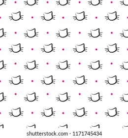 Hand Drawn Cats Vector Seamless Pattern. Doodle Cat Heads Endless Background for Trendy Fabric Textile Design or Web Wallpaper