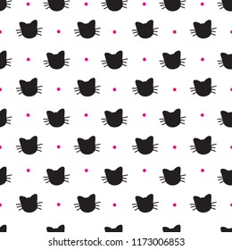 Hand Drawn Cats Vector Seamless Pattern. Doodle Cat Heads Endless Background for Trendy Fabric Textile Design or Web Wallpaper