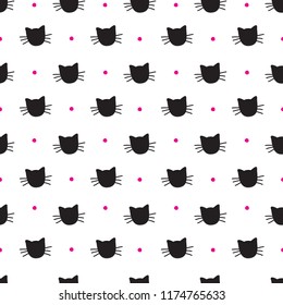 Hand Drawn Cats Vector Seamless Pattern. Doodle Cat Heads Endless Background for Trendy Fabric Textile Design or Web Wallpaper