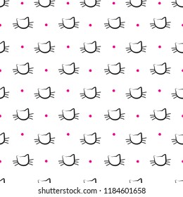 Hand Drawn Cats Vector Seamless Pattern. Doodle Cat Heads Endless Background for Trendy Fabric Textile Design or Web Wallpaper