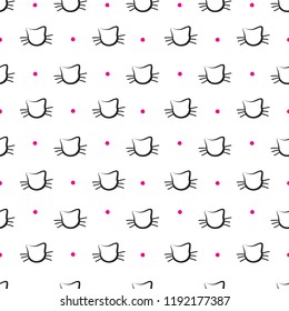 Hand Drawn Cats Vector Seamless Pattern. Doodle Cat Heads Endless Background for Trendy Fabric Textile Design or Web Wallpaper