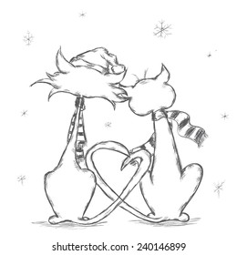 Hand drawn cats in winter, sketch illustration for Christmas and st. Valentines day cards