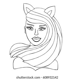 Hand drawn catwoman with hair on doddle style. Zentangle girl. Vector illustration.