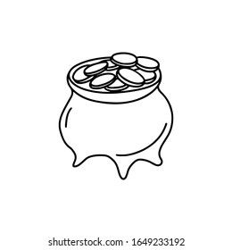 Hand drawn Cauldron with coins st Patrick's day and holiday doodle sign symbol vector illustration. Outline icon  pot isolated  on white background. Design for poster, greeting card, banner, print