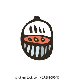Hand drawn cauldron with potion sketch illustration. For hiking in the woods, for cooking potions witch. Isolated image a white background. For stickers, design of children's magazines, travel sites.