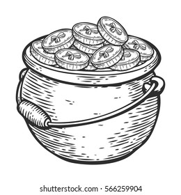 Hand drawn cauldron sketch of the irish pot of gold and golden coins for St. Patrick's Day. Leprechaun treasure. Vector vintage hand drawn illustration.