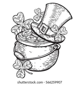 Hand drawn cauldron sketch of the irish pot of gold and golden coins with three leaf clover for St. Patrick's Day. Leprechaun treasure. Vector vintage hand drawn illustration.