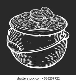 Hand drawn cauldron sketch of the irish pot of gold and golden coins for St. Patrick's Day. Leprechaun treasure. Vector vintage hand drawn illustration.