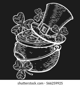 Hand drawn cauldron sketch of the irish pot of gold and golden coins with three leaf clover for St. Patrick's Day. Leprechaun treasure. Vector vintage hand drawn illustration.