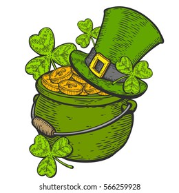 Hand Drawn Cauldron Sketch Of The Irish Pot Of Gold And Golden Coins With Three Leaf Clover For St. Patrick's Day. Leprechaun Treasure. Vector Vintage Hand Drawn Illustration.