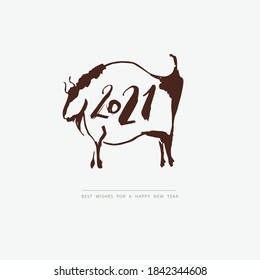 Hand drawn cave animals bulls. The symbol of the Chinese New Year. Sumi-e painting. Poster. Vector illustration