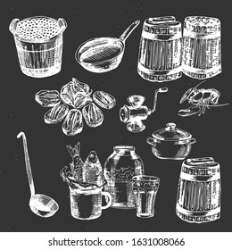 Hand drawn caviar and fish with beer