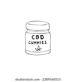 Hand drawn CBD gummies in bottles. Cannabis gummies for healthcare. Medical cannabis marijuana. Vector illustration isolated on white background