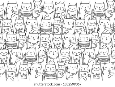 Hand drawn celebrating funny doodle cats background. New year and christmas flat vector illustration