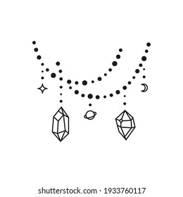 Hand drawn celestial beads with crystals, planet, moon, star isolated on white background. Sacred geometry. Alchemy esoteric magic talisman. Mystical jewelry.